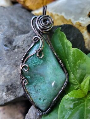 Green Chalcedony Gemstone Wirewrap Pendant